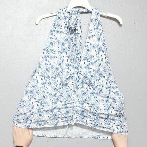 Cider nwt blue white floral cinched halter tie neck top